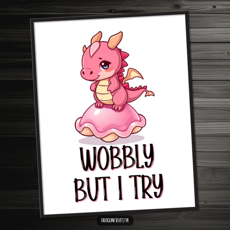 Funny poster: a dragonfruit character comically trying to balance on a jelly, frozen in a funny, unstable pose.