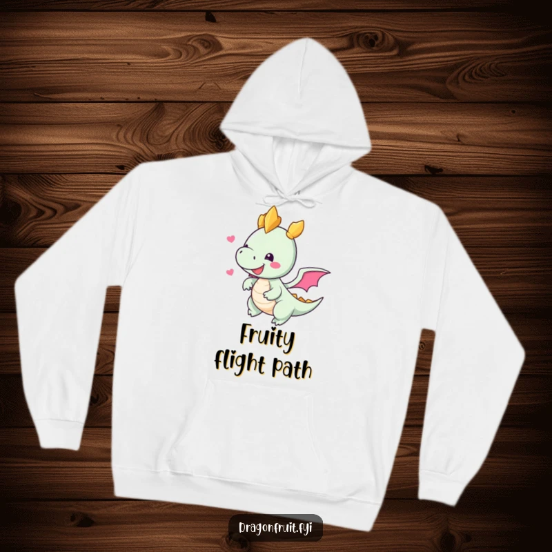Funny hoodie showcasing a delighted dragonfruit character with small wings, attempting to fly, offering cozy comfort and tropical humor.