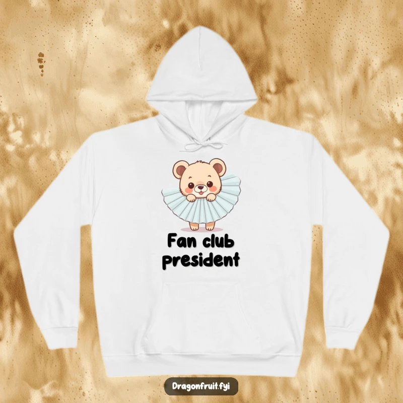 Funny Bear Cub Fan Hoodie featuring a cheerful cub peeking from behind a sparkly fan, ideal for warmth.