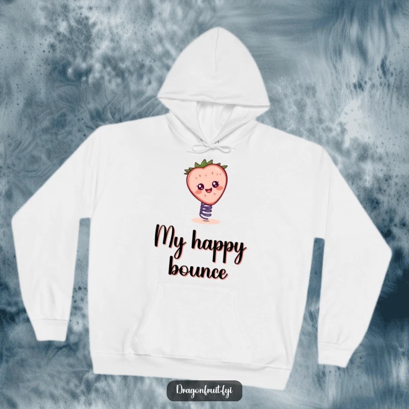 Funny hoodie featuring a cheerful strawberry slice character bouncing merrily on a spring, offering cozy comfort and humor.