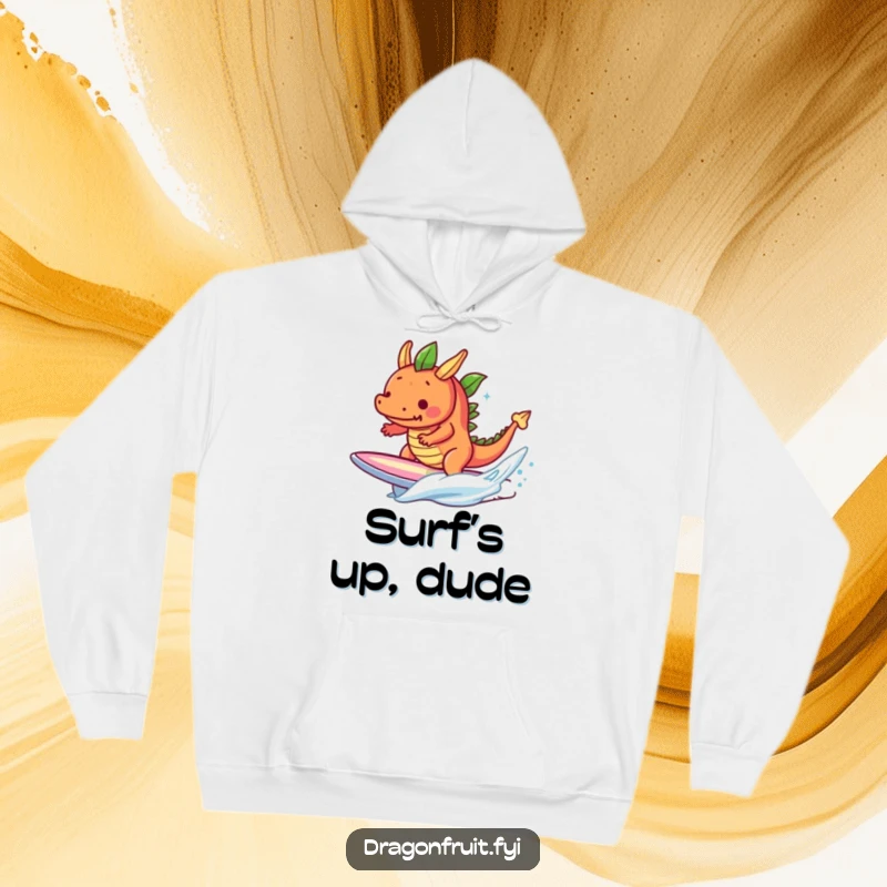 Funny determined dragonfruit character bravely surfing a small wave on a surfboard, comfortable and humorous apparel.