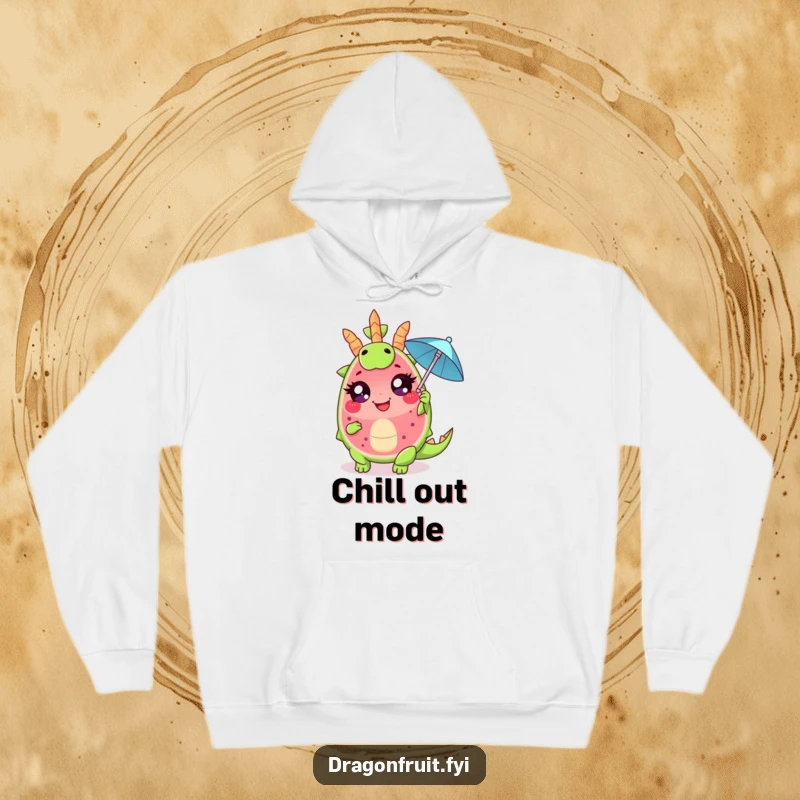 Funny hoodie depicting a giggling dragonfruit wedge with large eyes, dramatically fanning itself with a tiny cocktail umbrella, offering cozy and theatrical humor.