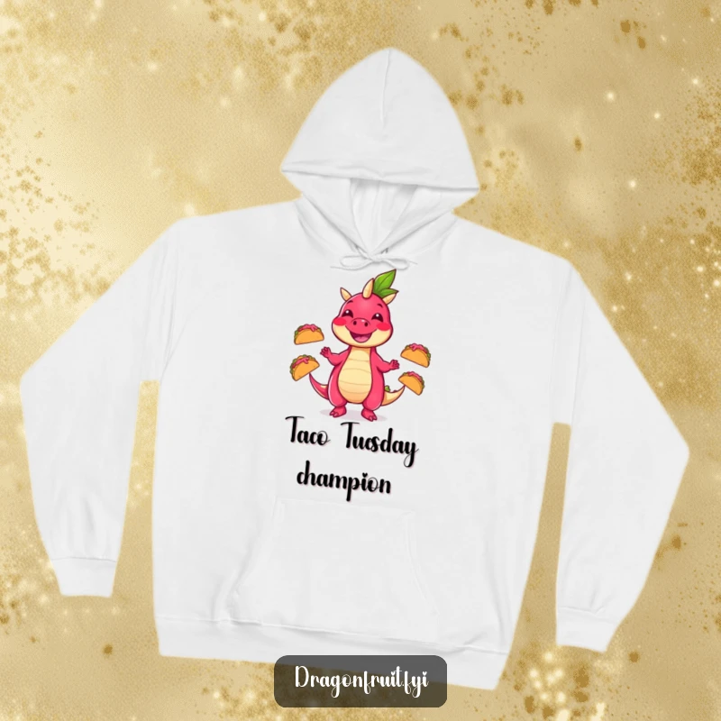 Funny hoodie showcasing a cheerful dragonfruit character juggling three miniature dancing tacos, perfect for cozy, humorous wear.