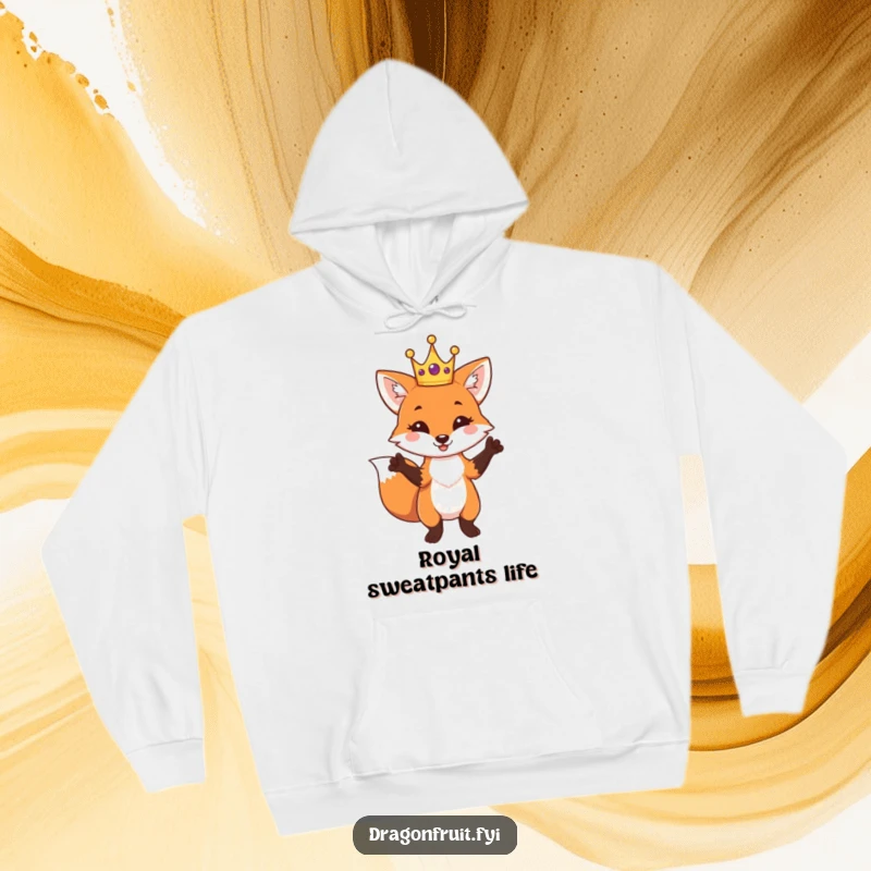 Funny Fox King Hoodie featuring a playful fox majestically posing in a tiny crown, offering warmth and humor.