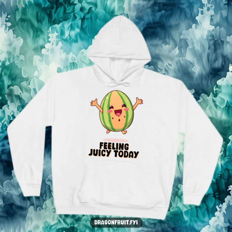 Funny watermelon wedge hoodie, excited and leaping with joy, arms wide, comfortable and humorous apparel.