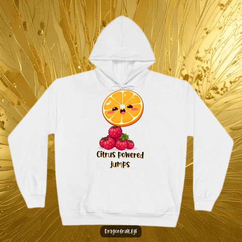 Funny hoodie featuring a winking orange slice leaping over giggling raspberries. Cozy and humorous fruit-themed apparel.