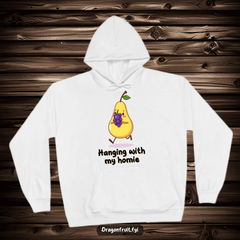 Funny hoodie with a happy pear skipping alongside a small, singing grape. Cozy and humorous fruit-themed apparel.