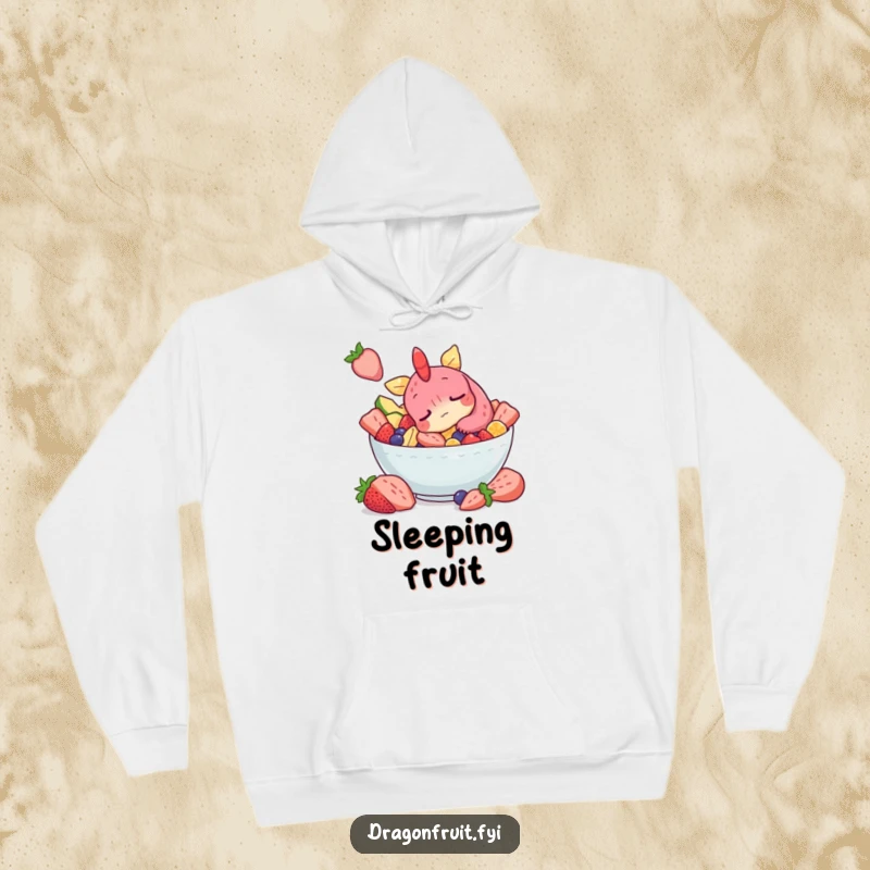 Funny hoodie with a sleepy dragonfruit character peacefully snoozing in a fruit salad bowl, perfect for cozy comfort.