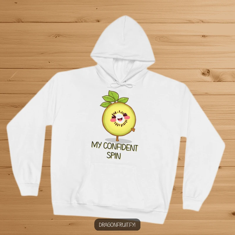 Funny hoodie featuring a smiling kiwi slice doing a confident cartwheel, offering cozy comfort and cheerful humor.