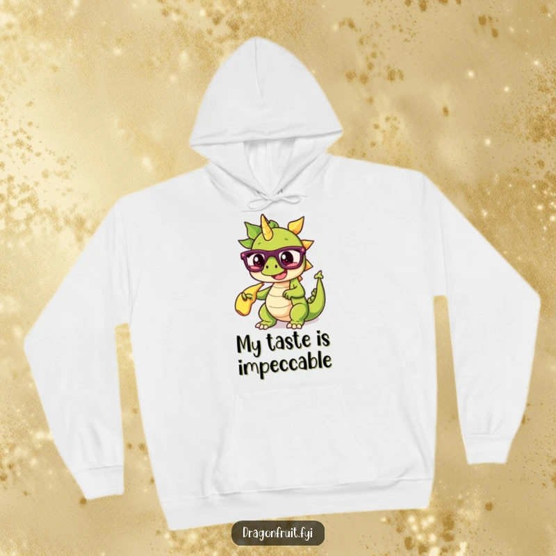Funny hoodie featuring a dragonfruit with oversized glasses, dramatically pointing at a banana split, for cozy, humorous wear.