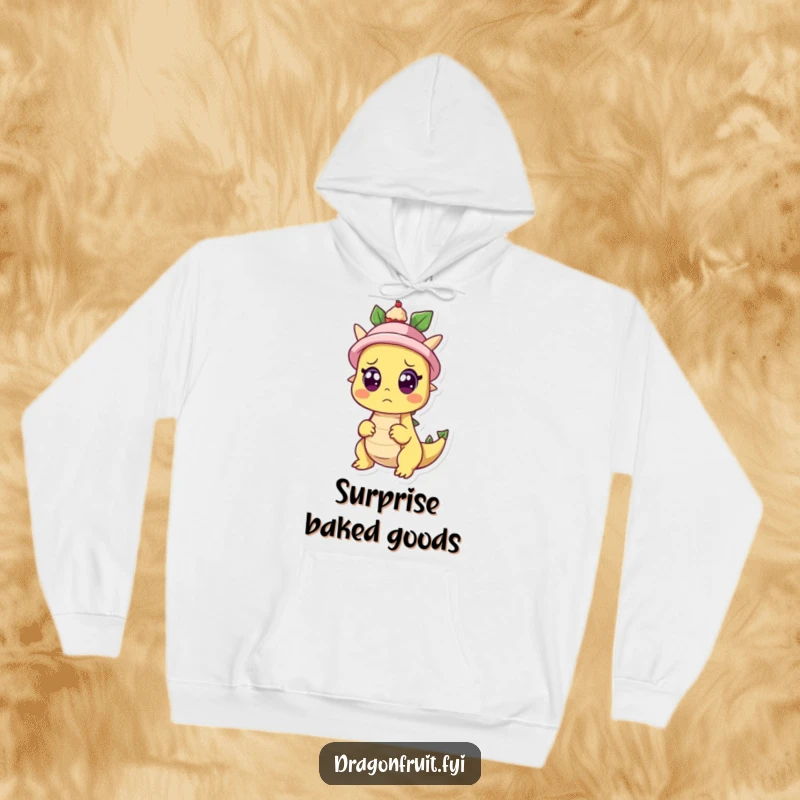 Funny hoodie depicting a dragonfruit character with wide, surprised eyes, watching a tiny cupcake emerge from a hat, symbolizing delightful shock.