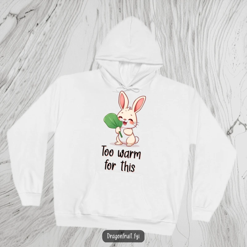 Funny Bunny Rabbit Fan Hoodie featuring a giggling rabbit fanning itself with a large leaf, ideal for warmth.