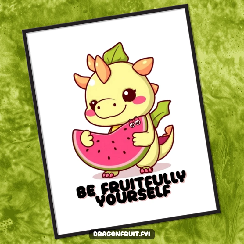 Funny Free Printable Wall Art: A dragonfruit with googly eyes offers a slice, a hilariously bizarre piece of art.