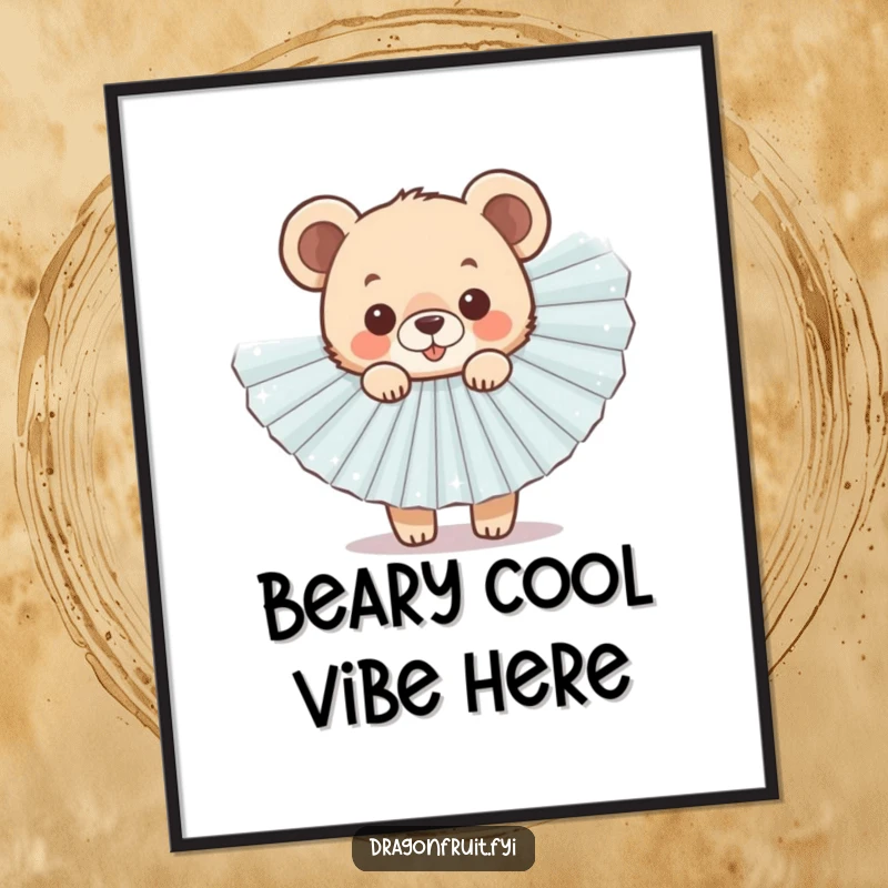 Funny Free Printable Wall Art of a cheerful bear cub peeking from behind a large sparkly fan, adding a touch of fun and whimsy.