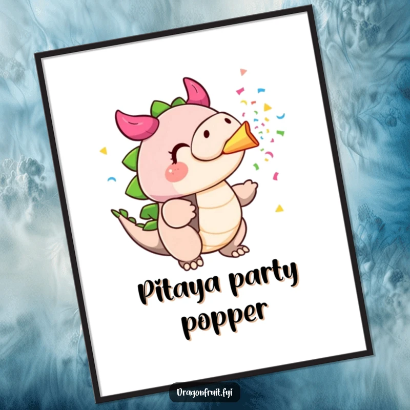 Funny Free Printable Dragonfruit Wall Art: Cheeks puffed, blasting colorful confetti from its stem like a party horn.