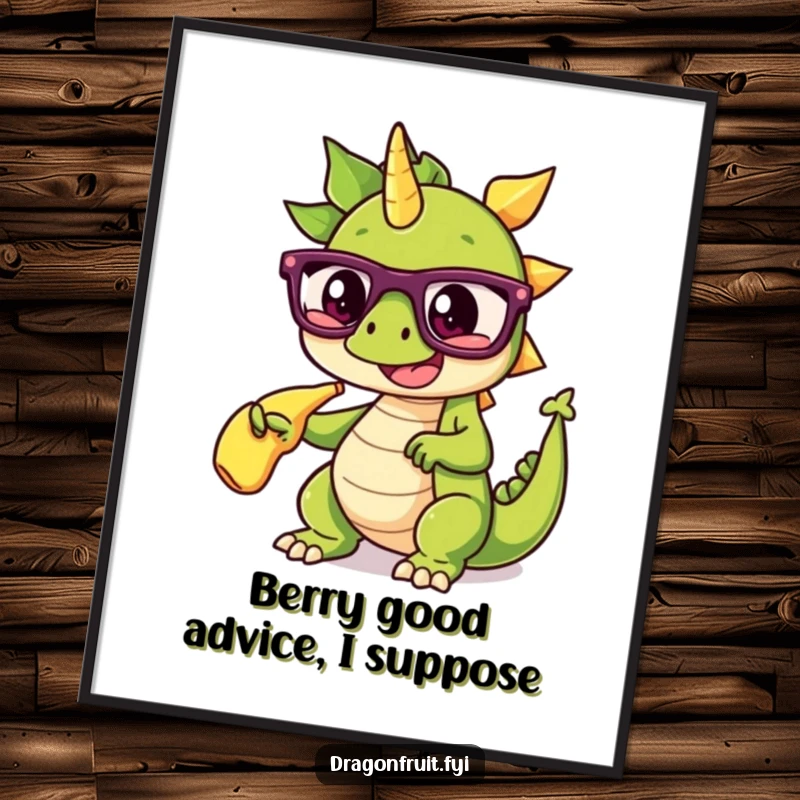 Funny Free Printable Wall Art: Dragonfruit with glasses dramatically points at a banana split, humorous digital decor.