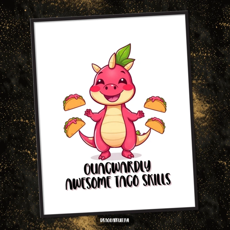 Funny Free Printable Wall Art depicting a happy dragonfruit character juggling three cheerful dancing tacos, perfect for quirky decor.