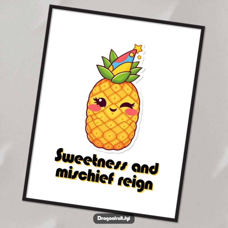 Funny Free Printable Wall Art: Starry Pineapple Wearing a Party Hat, Winking with a Playful, Mischievous Grin