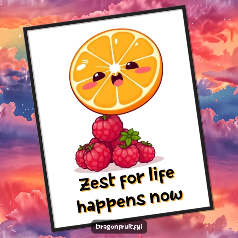 Funny free printable wall art of a winking orange slice energetically leaping over tiny, giggling raspberries.