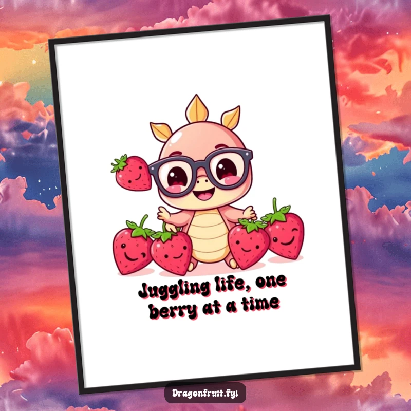 Funny Free Printable wall art: a tiny dragonfruit wearing glasses joyfully juggles three tiny strawberries, a whimsical piece.