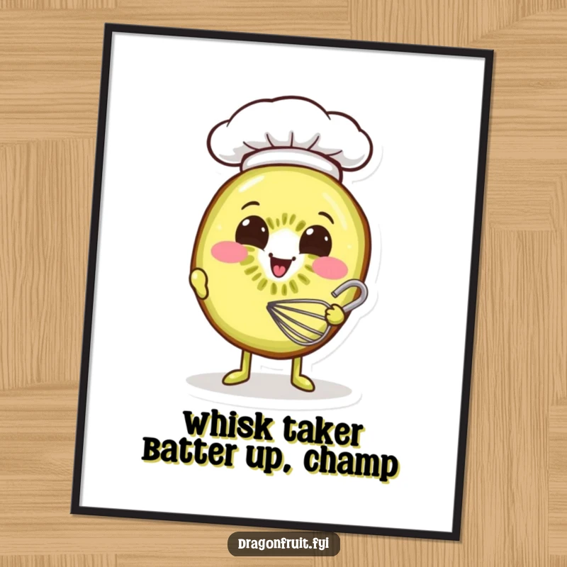 Funny Free Printable Wall Art: Smiling kiwi slice wearing a tiny chef hat, whisking batter, a cute and funny kitchen motif.