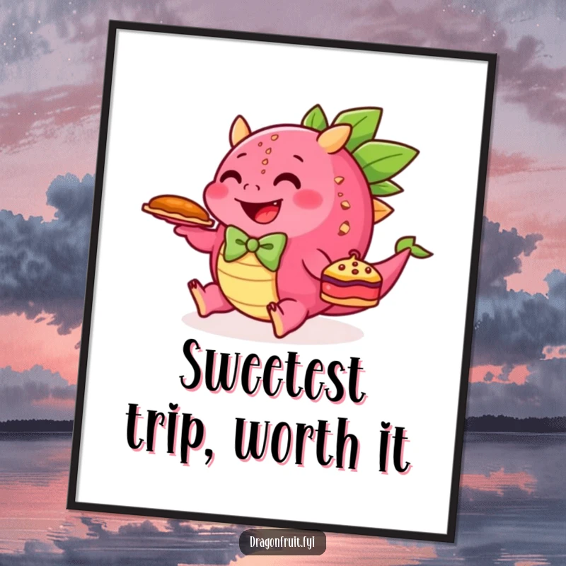 Funny Free Printable Wall Art of a very happy dragonfruit in a bowtie, tripping over its feet while holding a pie.
