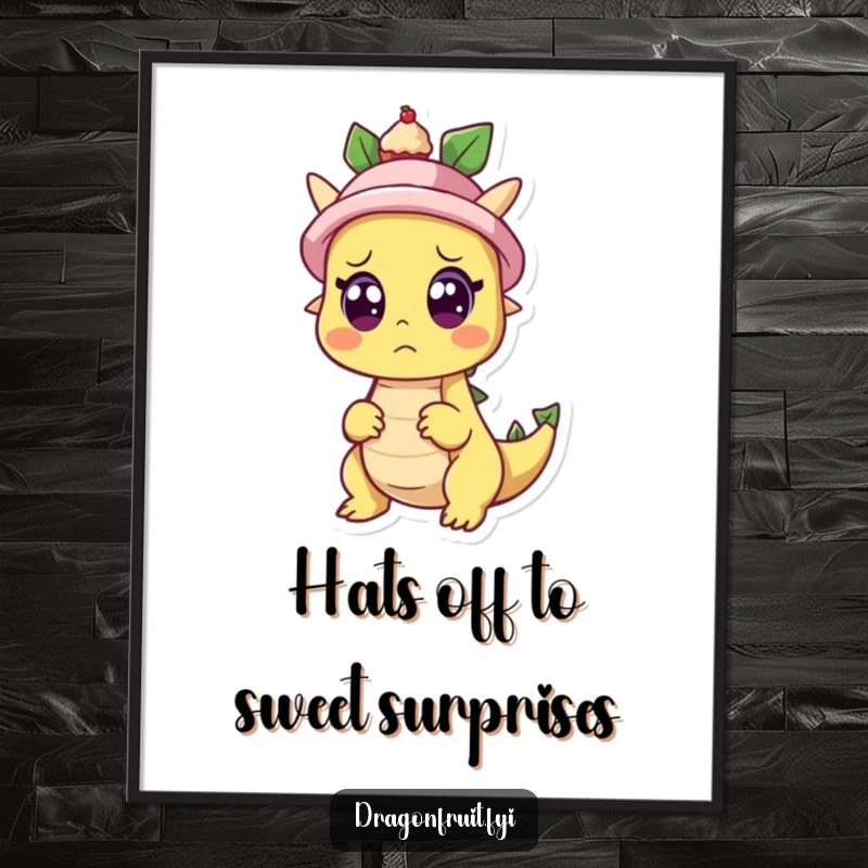 Funny Free Printable Wall Art: A surprised dragonfruit character with wide eyes as a tiny cupcake pops from its hat, a humorous magical scene.