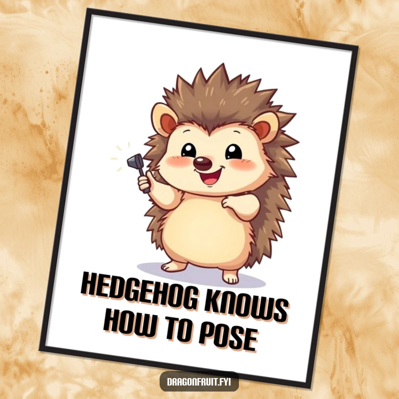 Funny Free Printable Wall Art of a happy hedgehog striking a dramatic pose under a tiny spotlight, perfect for adding quirky charm.