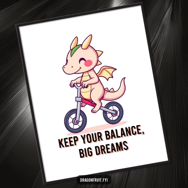Free printable wall art: a comical dragonfruit character on a unicycle, looking like it's about to fall.
