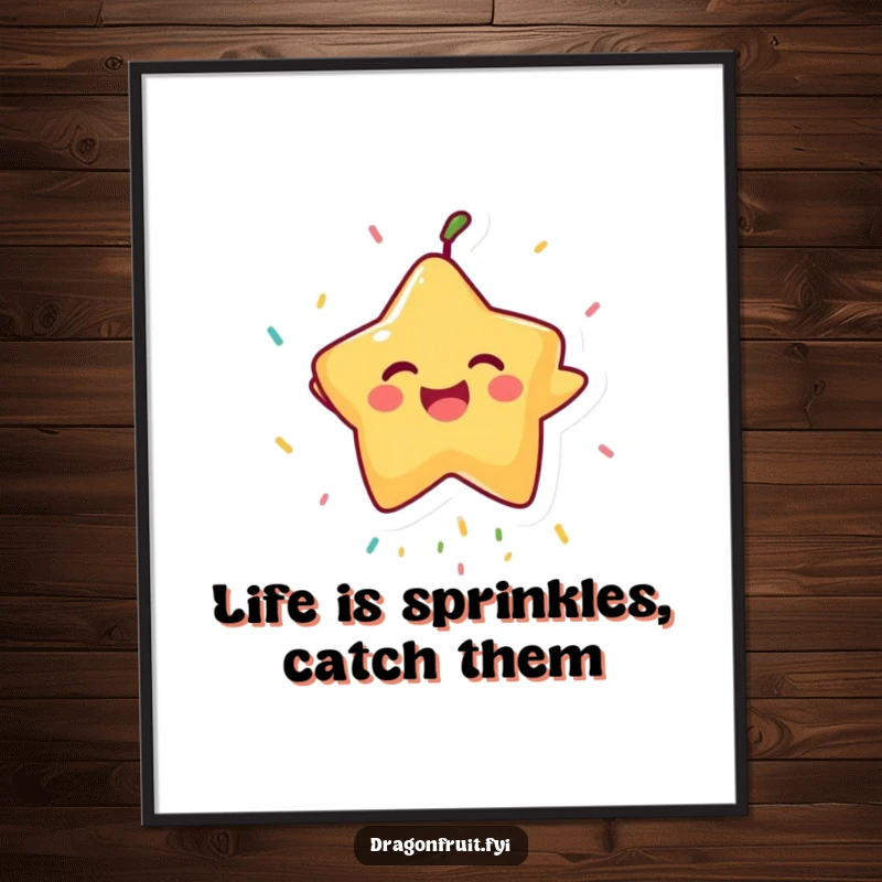 Funny Free Printable Wall Art: A laughing Starfruit character joyfully attempting to catch falling sprinkles. Whimsical downloadable decor.