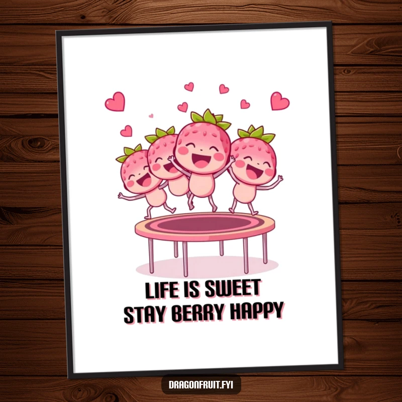 Funny Free Printable Wall Art of raspberries gleefully bouncing high on a trampoline.
