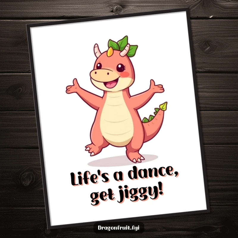 Free printable wall art of a comical dragonfruit doing a silly dance with legs spread wide and arm in the air.