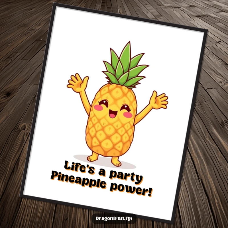 Funny Free Printable Wall Art: Cheerful pineapple character doing a silly dance with raised arms, bringing vibrant, tropical energy.