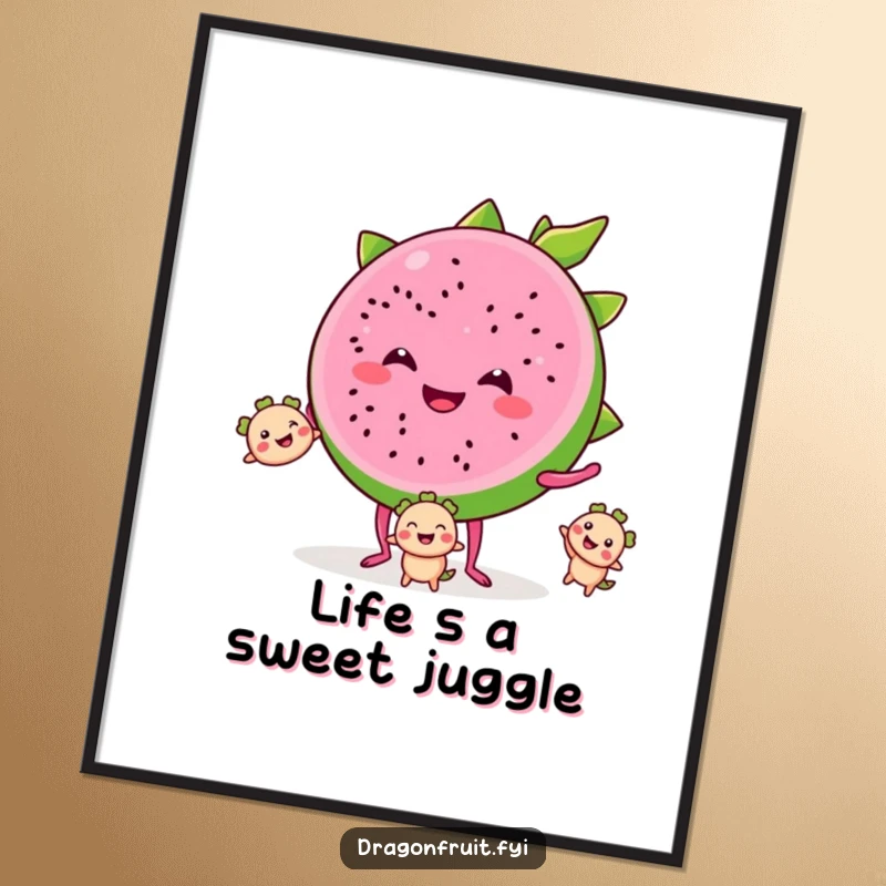 Funny Free Printable Wall Art: A smiling dragonfruit slice with tiny legs juggles segments, bringing a playful tropical vibe to any room.
