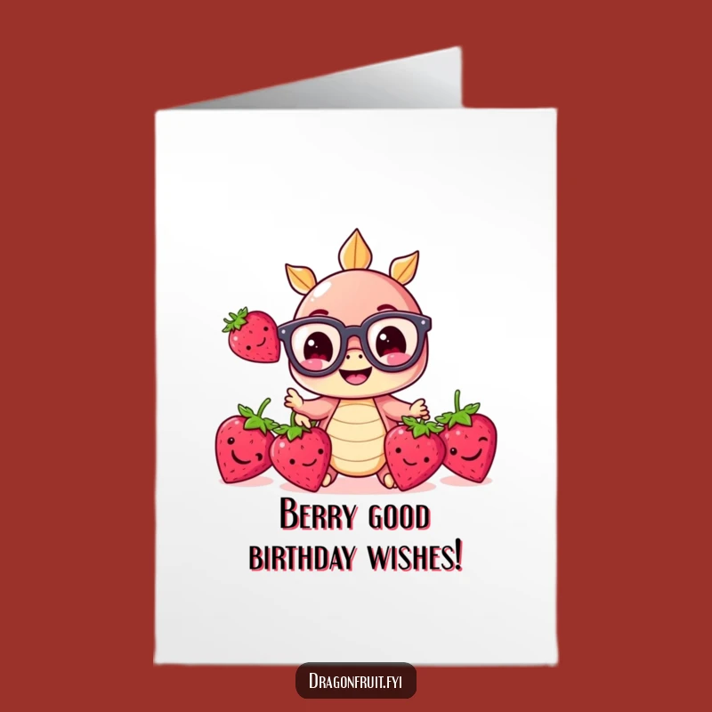 Free Printable Birthday Card: Funny Dragonfruit Juggling Strawberries - Downloadable Gift