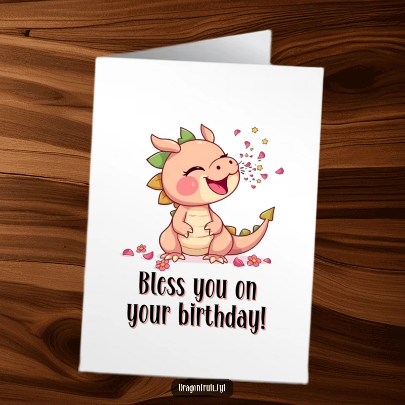 Funny Free Printable Birthday Card: Dragonfruit comically sneezing flower petals, floral explosion, cheerful birthday greeting, downloadable.