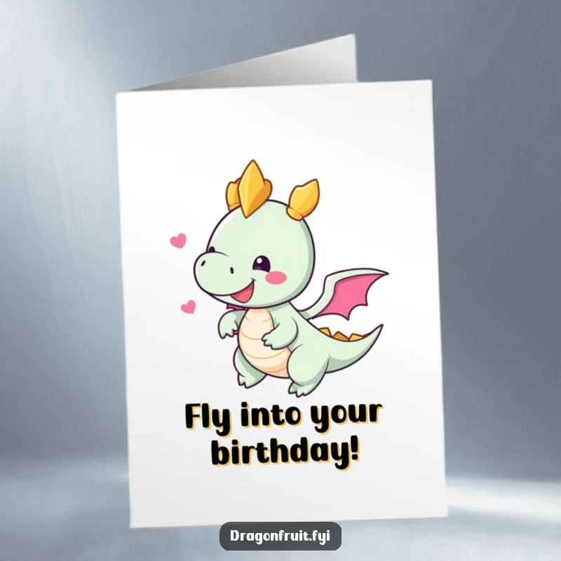 Funny Free Printable Birthday Card shows a delighted dragonfruit character with small, stubby wings enthusiastically trying to fly, full of optimism.