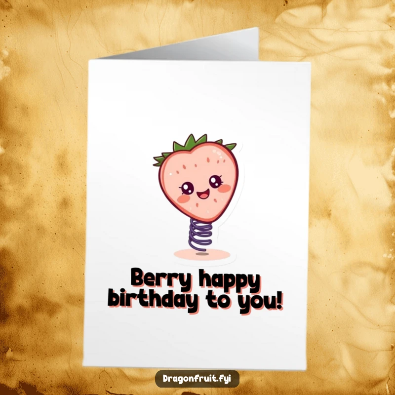 Funny Free Printable Birthday Card: Cheerful Strawberry Slice with Eyes Bouncing Playfully on a Tiny Spring