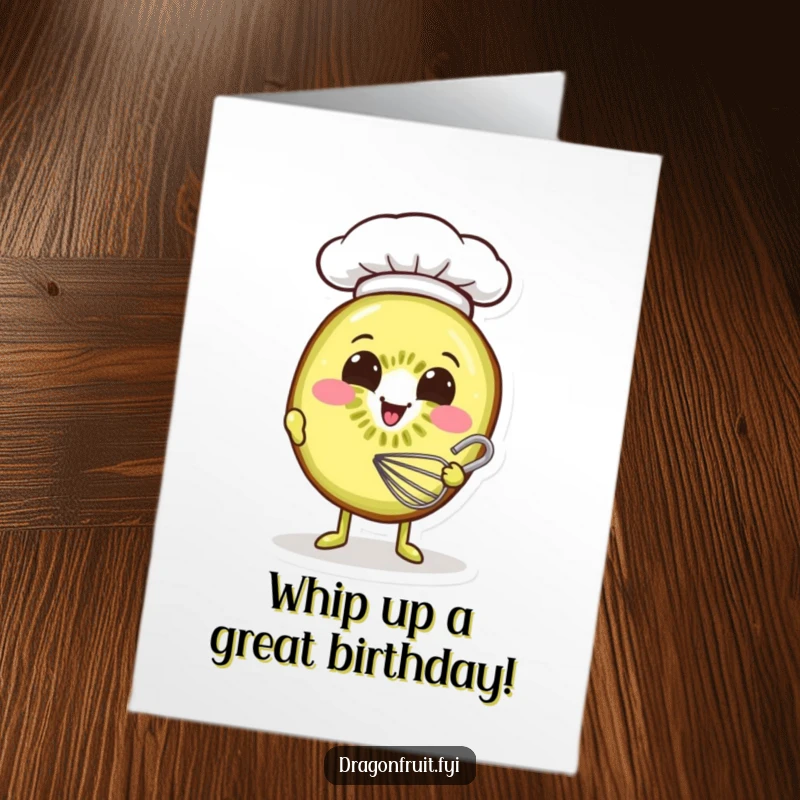 Funny Free Printable Birthday Card: Smiling kiwi slice in a tiny chef hat, whisking batter with culinary enthusiasm.