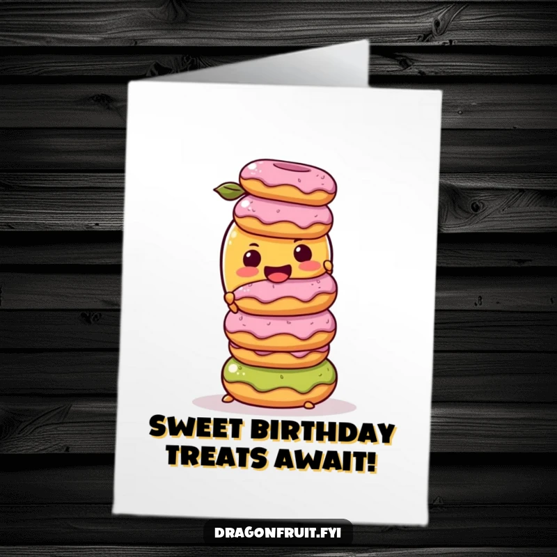 Funny free printable birthday card featuring a mango character precariously balancing a stack of donuts, celebrating a sweet occasion.