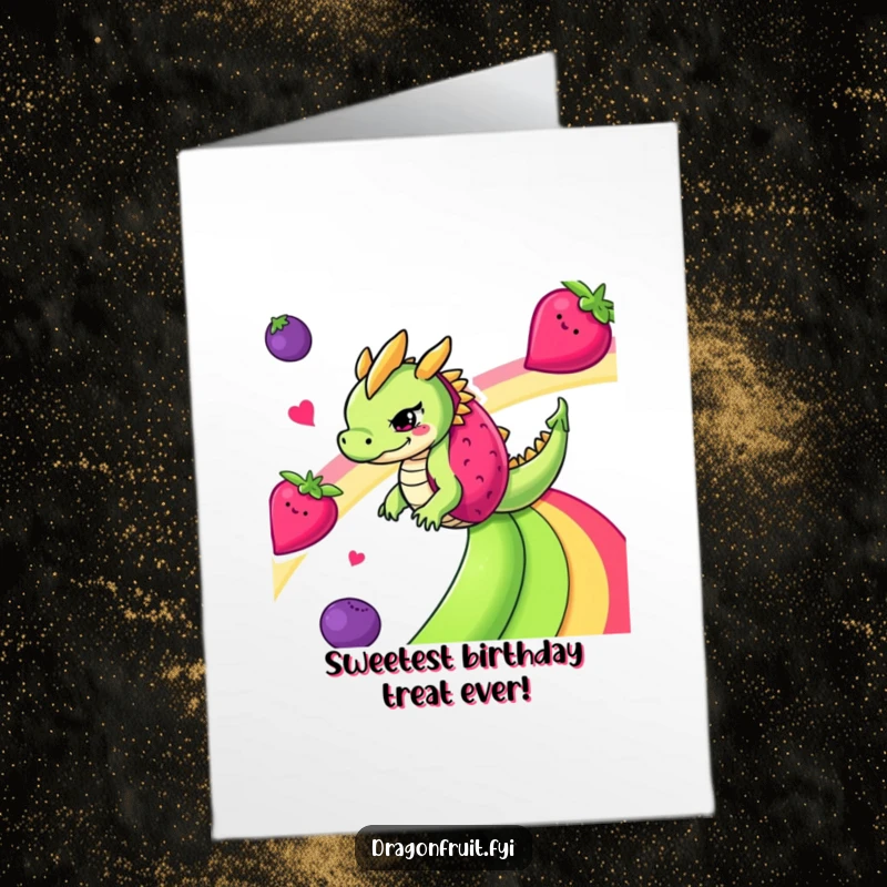 Funny Free Printable Birthday Card: Mischievous dragonfruit sliding down a vibrant fruit rainbow, a colorful birthday wish.