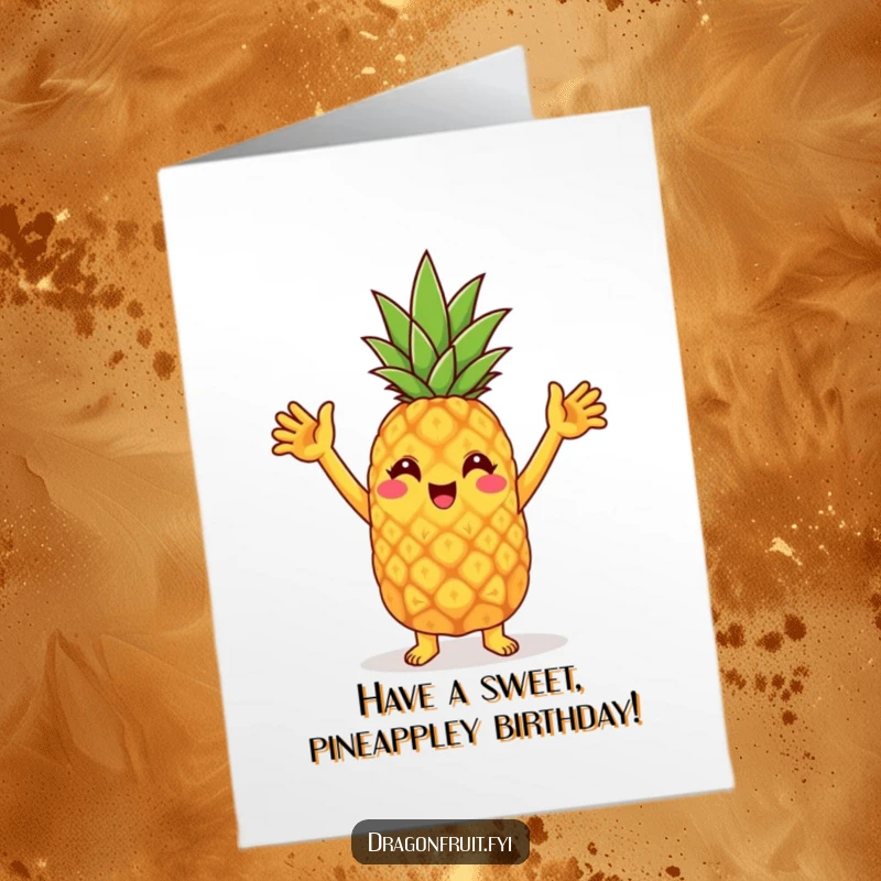 Funny Free Printable Birthday Card: Cheerful pineapple character gleefully doing a silly dance with raised arms, celebrating joyfully.