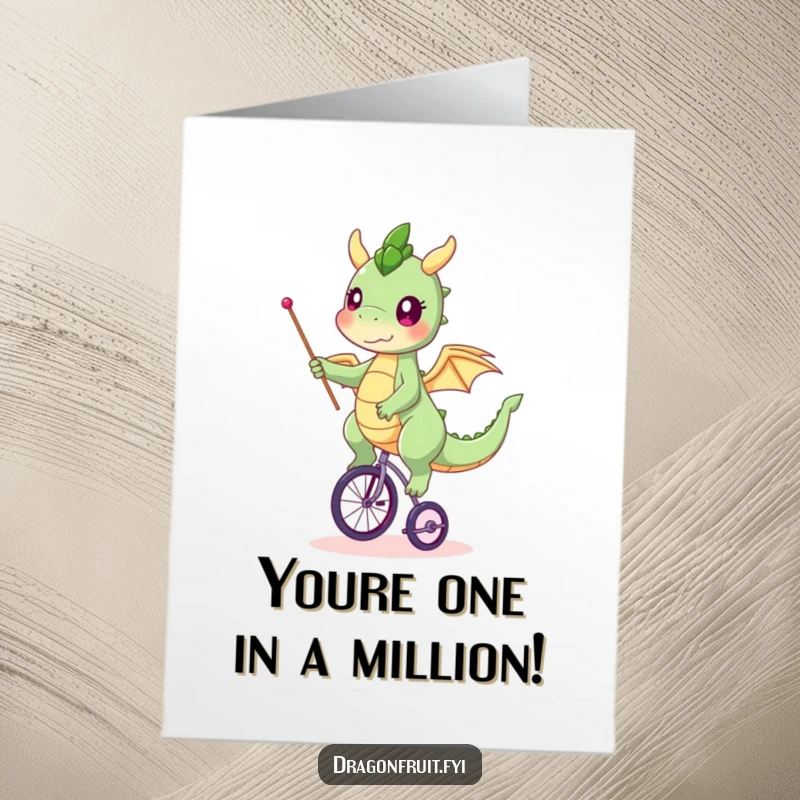 Funny Free Printable Dragonfruit Birthday Card: Twinkling eyes, balancing on a unicycle, waving a flag, celebrating joyfully.