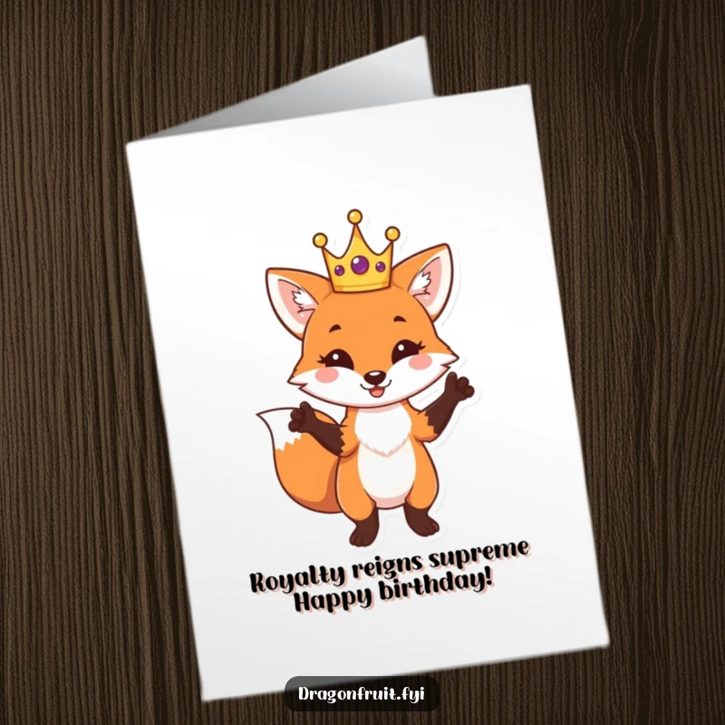 Funny Free Printable Birthday Card featuring a playful fox in a tiny crown, striking a dramatic, regal pose, ready to celebrate.