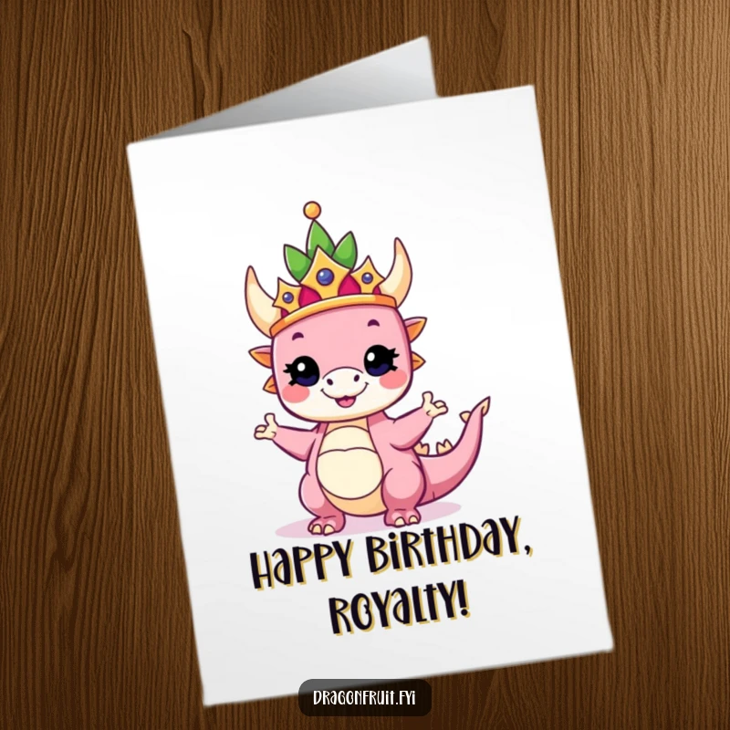 Funny Free Printable Birthday Card: Dragonfruit wearing a crown, striking a proud and silly pose, regal celebration, downloadable.