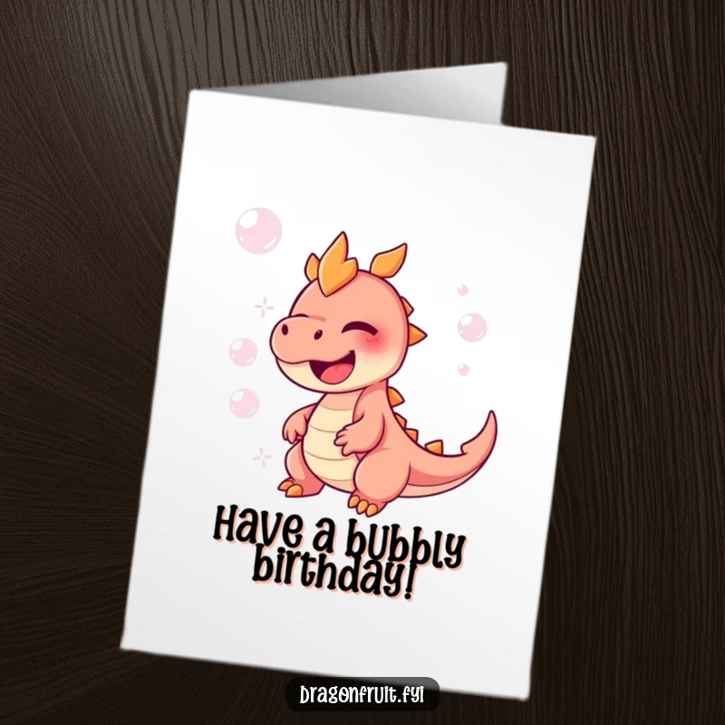 Funny free printable birthday card: a dragonfruit character laughing hysterically, surrounded by a cascade of whimsical bubbles.