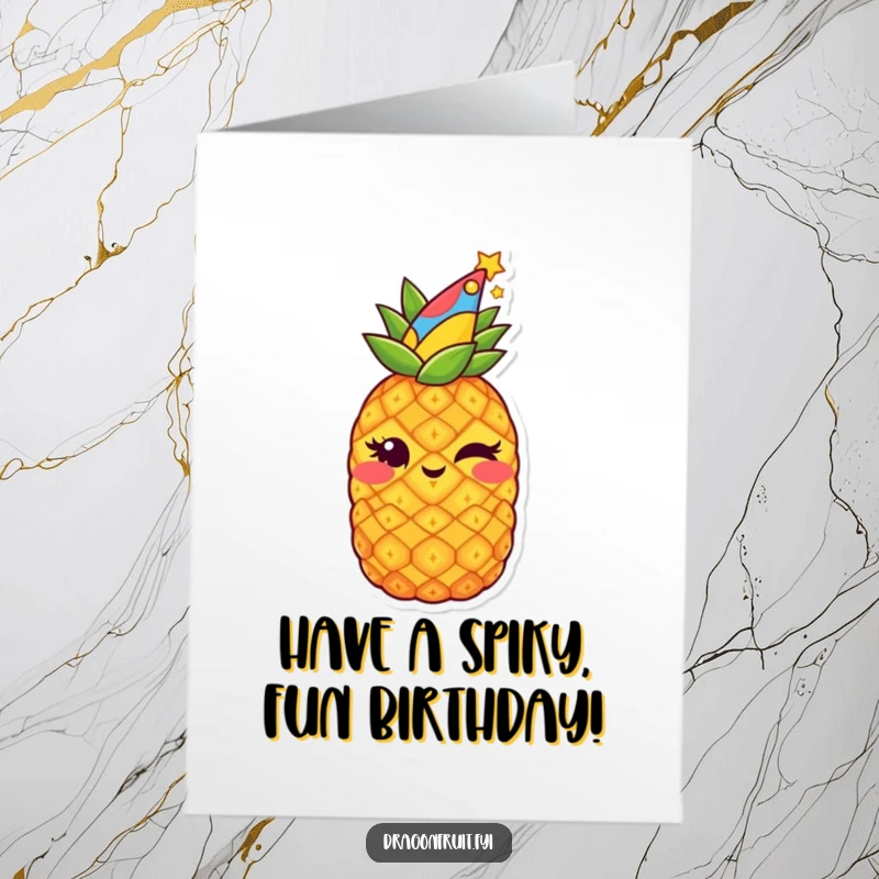 Funny Free Printable Birthday Card: Starry Pineapple with a Mischievous Grin Winking While Wearing a Party Hat