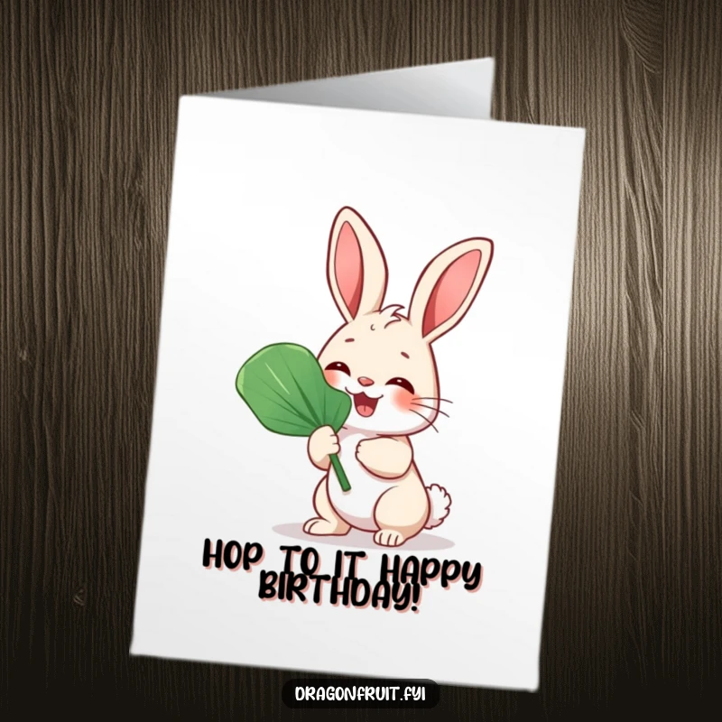 Funny Free Printable Birthday Card featuring a giggling bunny rabbit fanning itself vigorously with a large leaf, spreading birthday cheer.