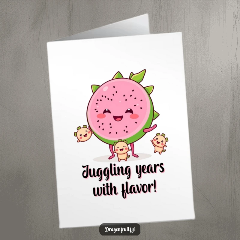 Funny Free Printable Birthday Card: A smiling dragonfruit slice with tiny legs, joyfully juggling smaller segments for a happy birthday.