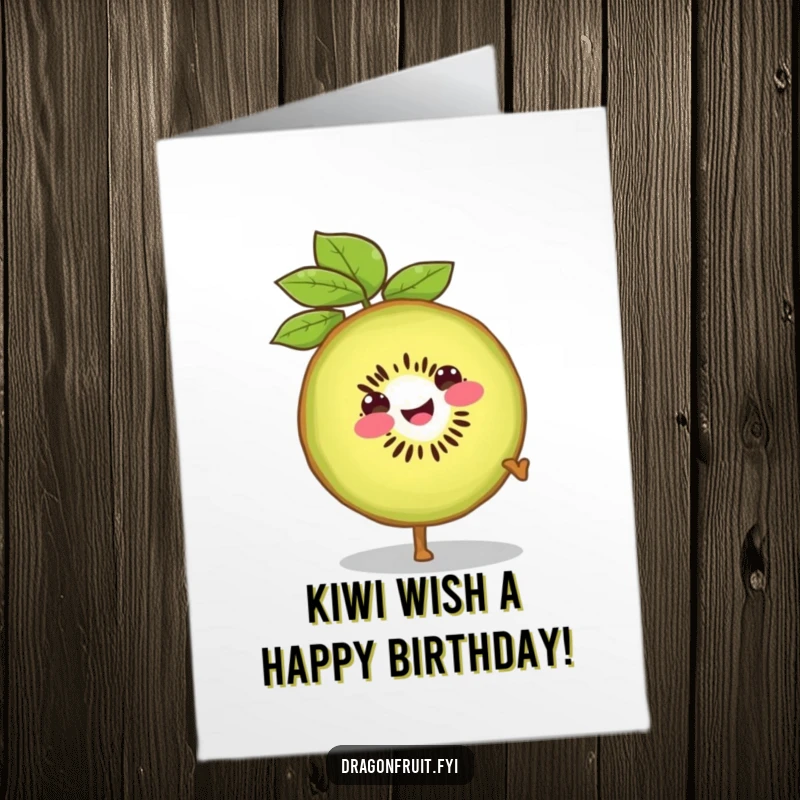 Funny Free Printable Birthday Card: Smiling Kiwi Slice Confidently Cartwheeling with Leafy Top Flying